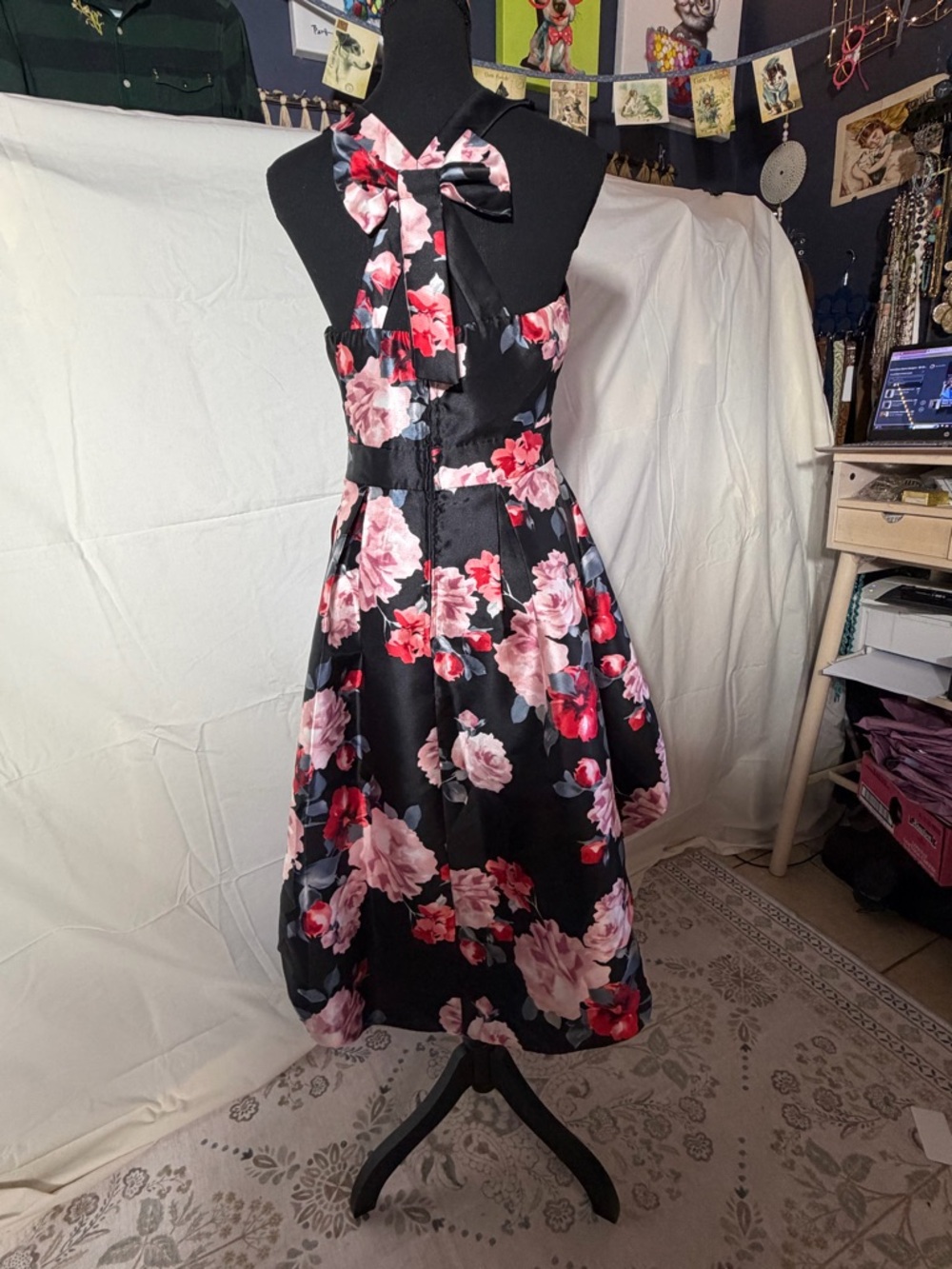 Trixxi Floral Halter Fit & Flare Dress Decorative Bow Back Black Pink Small - Picture 4 of 7